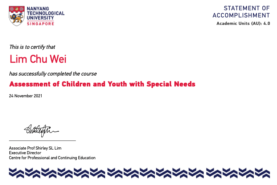 Completion of Assessment of Children and Youth with Special Needs (NIE, NTU)